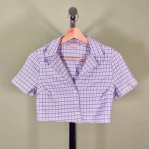 Light Blue & White Checkered Button-Down Crop Top - Women's Size S